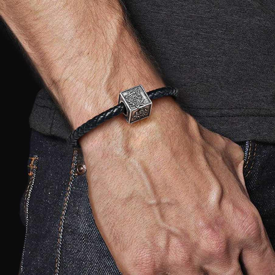 Black Leopard Men's Vintage Bead S925 Sterling Silver with Gift Copper Black Leather Men's Bracelet Jewelry for Men_4