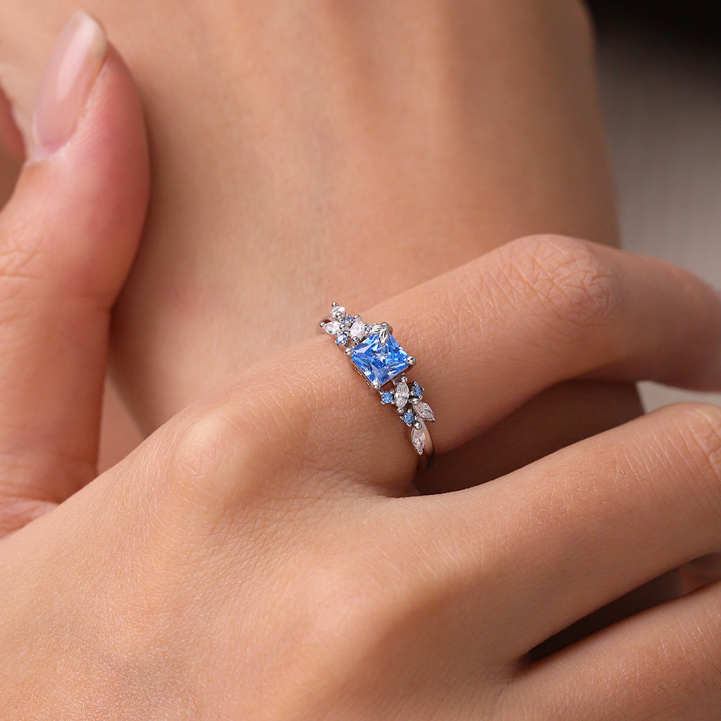 Gnoce Aquamarine Square Chamfer Cut Leafs Ring Platinum-plated Silver Blend_5