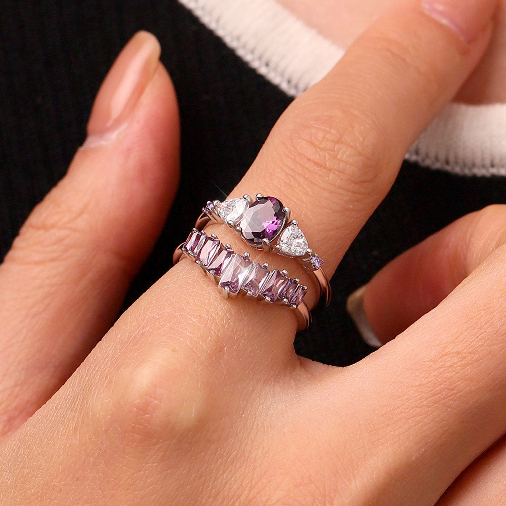 Gnoce Egg-cut Fuchsia Rectangle Stones Stacking Ring Set_5