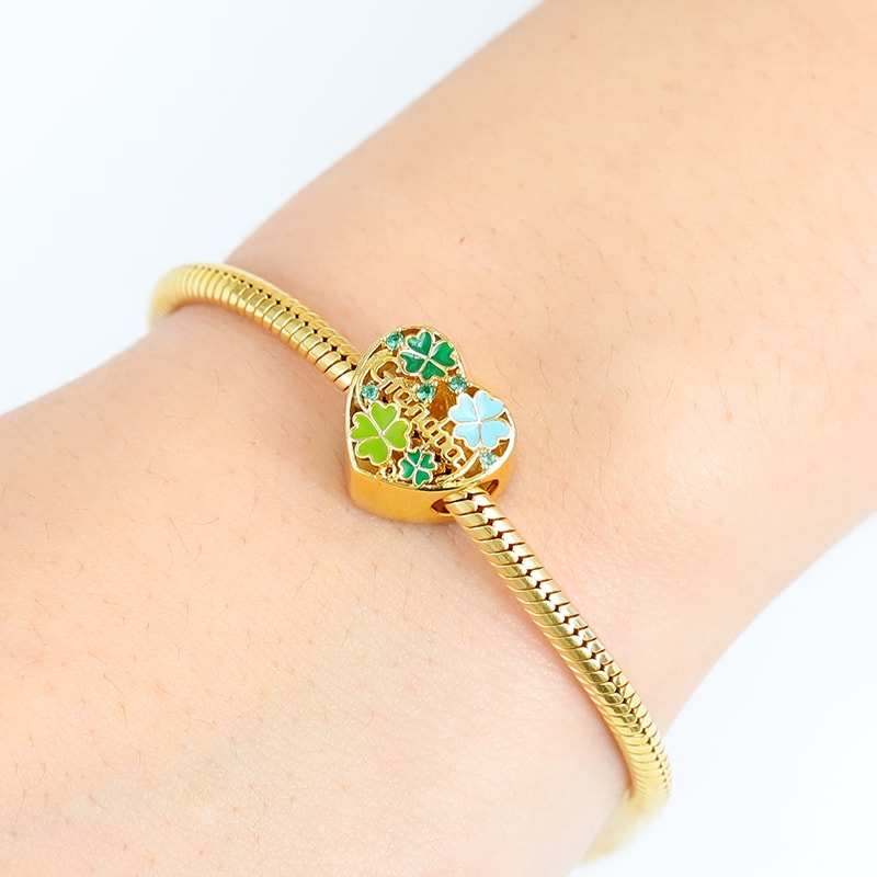 Four-leaf Clover Heart-shaped Personalized Photo Charm Bead for Grandpa Sterling Silver 18k Gold Plated_3