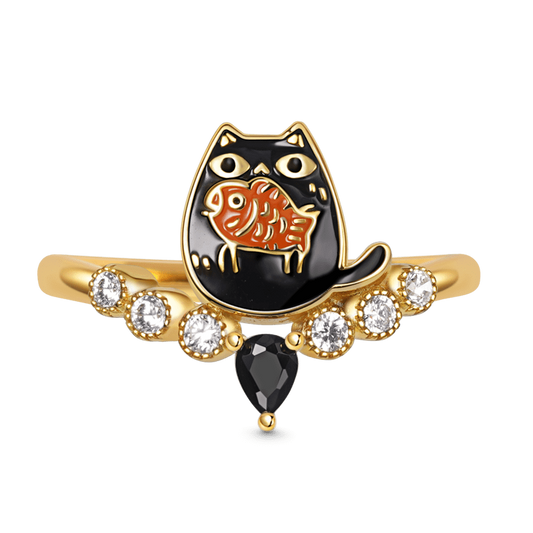 Kitten Eating Fish V-Ring Inlaid with Black Drop Zircon and Crystal Gemstones Sterling Silver 18K Gold Plated_1