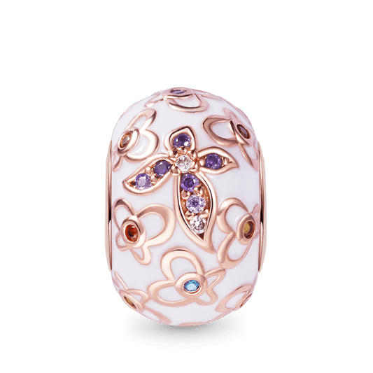 White Flower Pattern Stopper Charm Bead 925 Sterling Silver Rose Gold Plated Inlaid with Colorful Zircon Stones_1