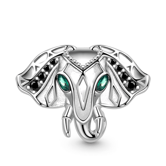 Elephant Charm Bead 925 Sterling Silver Inlaid with Black Stones and Green Zircon Eyes_1