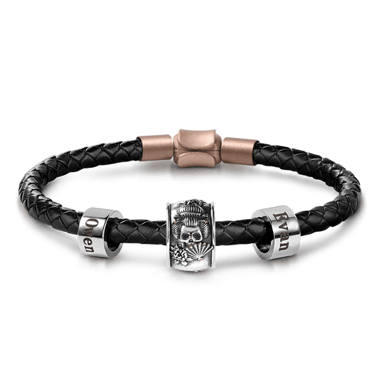 Geisha Skull Vintage Bead & Customized Classic Beads S925 Sterling Silver with Gift Copper Black Leather Men's Bracelet Jewelry for Men_1