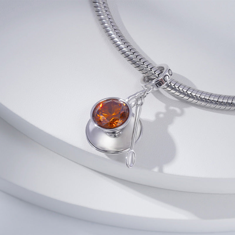 Tea Cup and Saucer Set Pendant Dangle Charm 925 Sterling Silver Inlaid with Brown CZ Stone_2