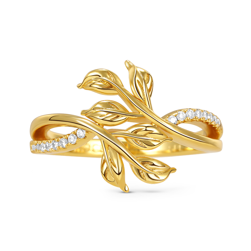 Leaf Shape Ring 925 Sterling Silver 18k Gold Plated Inlaid with Clear Gemstones_1