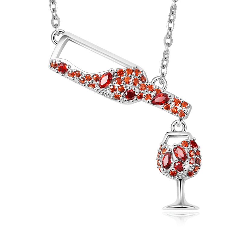 Wine Bottle Pouring Glass Cup Necklace Copper Inlaid with Orange Gemstones_1