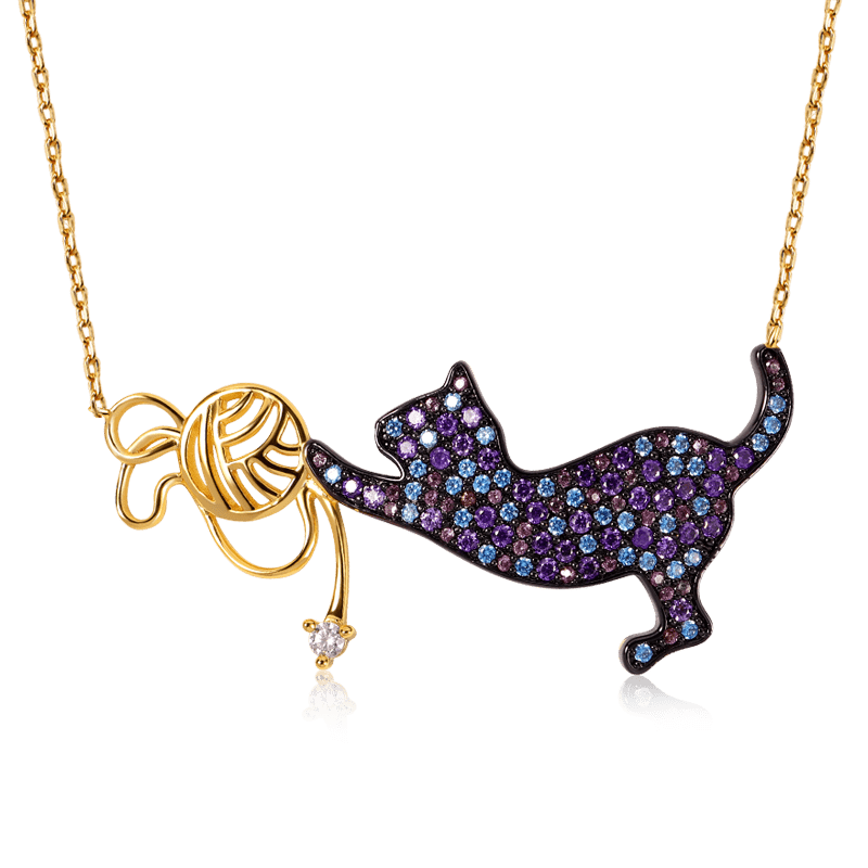 Cat Playing with Yarn Ball Necklace 925 Sterling Silver 18 Gold Plated Inlaid with Colorful CZ Stones_1