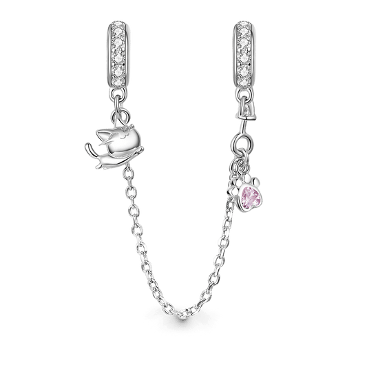 Cat & Paw Safety Chain 925 Sterling Silver Inlaid with Clear and Pink Gemstones_1