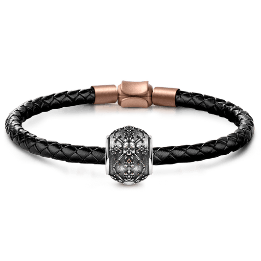 Skull with Swords Men's Vintage Bead S925 Sterling Silver with Gift Copper Black Leather Men's Bracelet Jewelry for Men_1