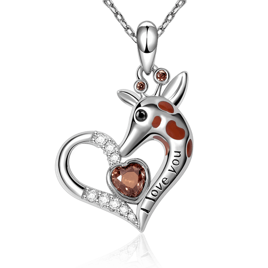 "I Love you" Giraffe Heart Necklace with Heart Shape Ruby Sterling Silver_1