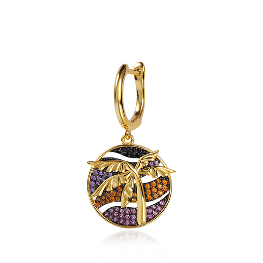 Coconut Tree Single Dangle Earring 925 Sterling Silver 18K Gold Plated Inlaid with Colorful Gemstones_1