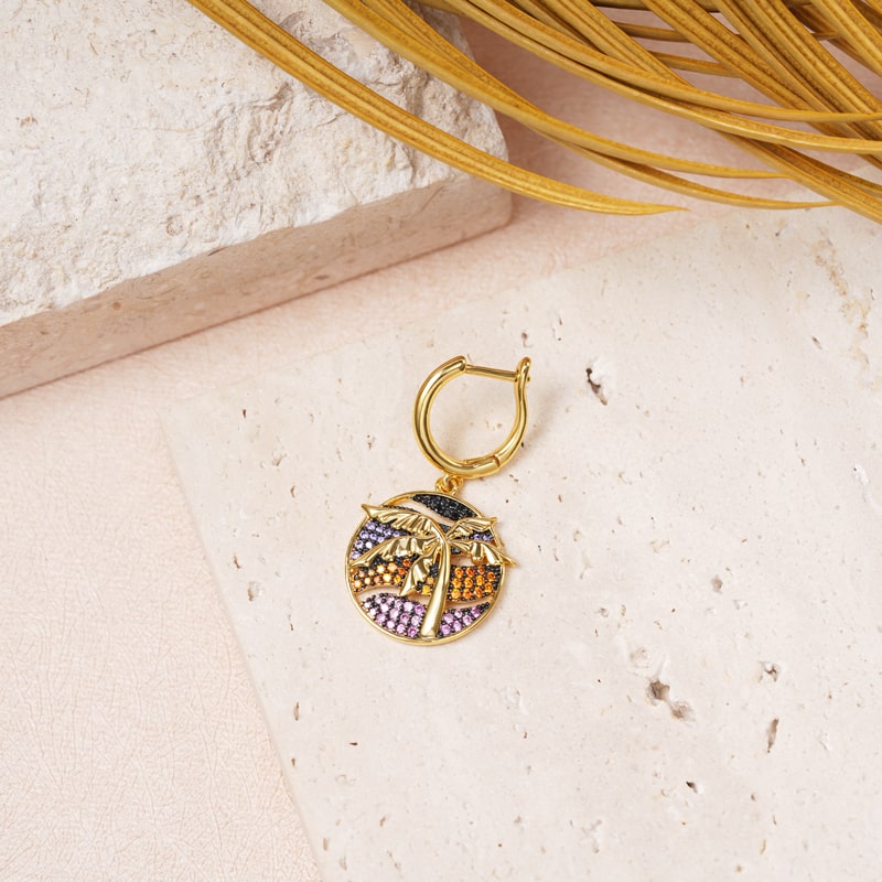 Coconut Tree Single Dangle Earring 925 Sterling Silver 18K Gold Plated Inlaid with Colorful Gemstones_2