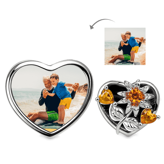 Sun Flower Personalized Photo Charm Bead 925 Sterling Silver Inliad with Orange CZ Stones_1