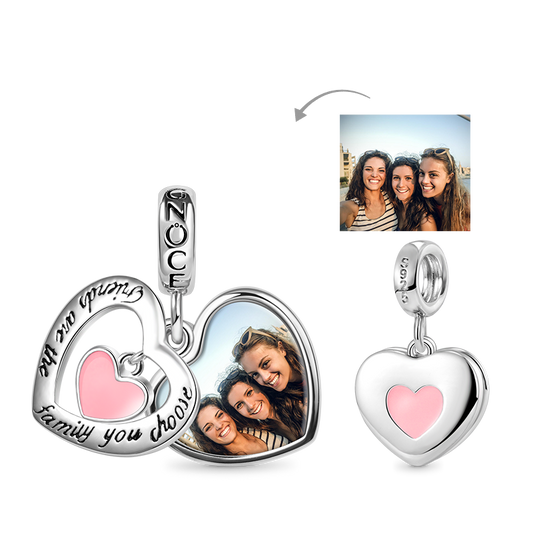 "Friends are the family you choose" Heart Personalized Photo Pendant Dangle Charm 925 Sterling Silver with Pink Enamel_1