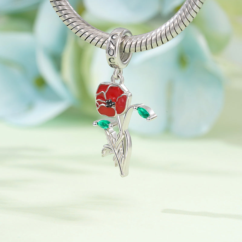 Gnoce Red Poppy Flower Charm Platinum-plated Silver Blend_3