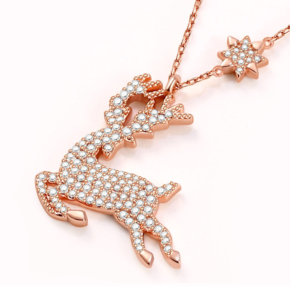 Elk Necklace Sterling Silver 18k Rose Gold Plated Paved with Stones_2