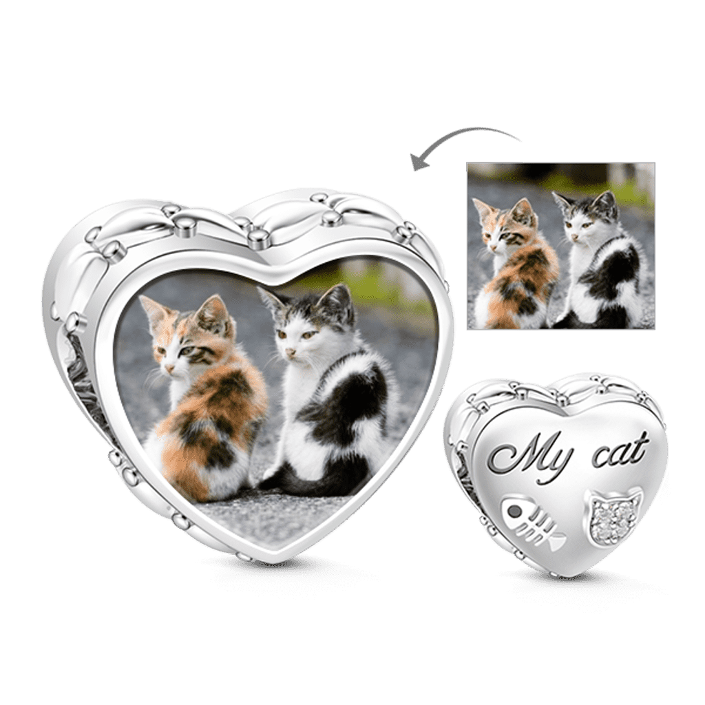 Gnoce 'When Cat Fall in Love with Fish' Made of 925 Sterling Silver Heart Cute Animal Cat Shape Photo Charm_1