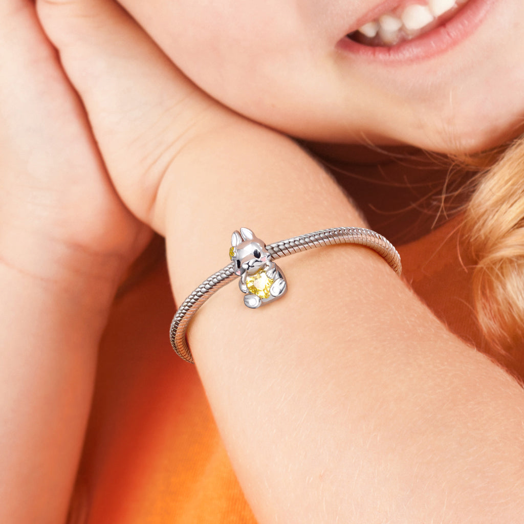Cute Rabbit Embraces Heart Gemstone Charm Bead 925 Sterling Silver with Yellow & Pink Enamels_4