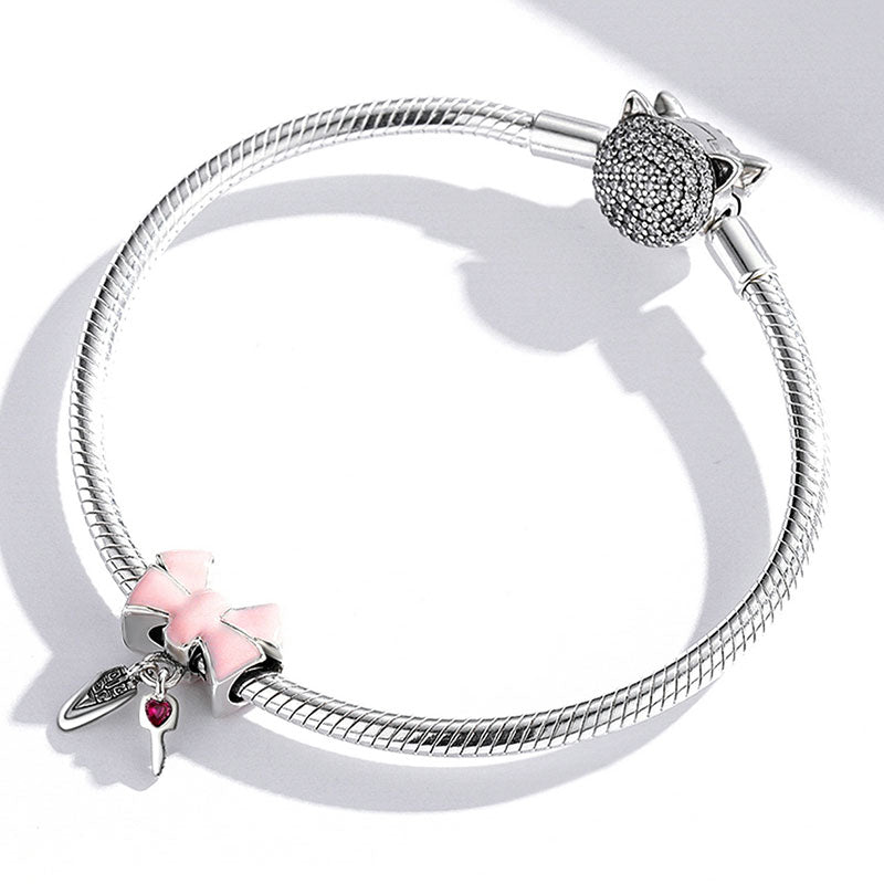 Bow Car Key Pendant Dangle Charm 925 Sterling Silver with Pink Enamels_3