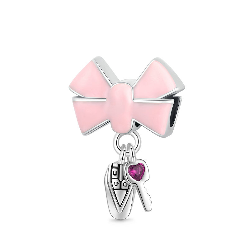 Bow Car Key Pendant Dangle Charm 925 Sterling Silver with Pink Enamels_1
