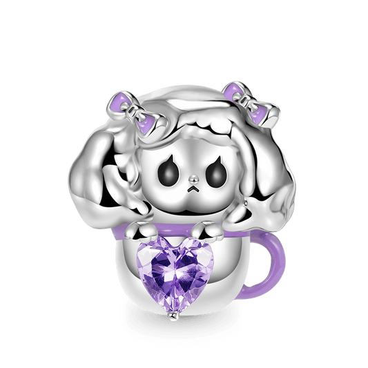 Teacup Dog Embraces Heart Gemstone Charm Bead 925 Sterling Silver with Purple Enamels_1