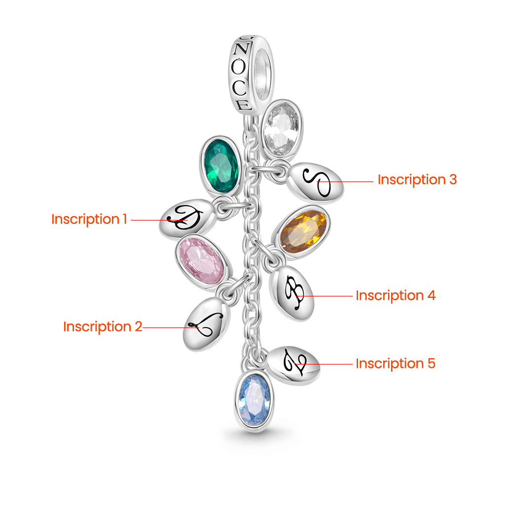 Gnoce Egg-shaped Birthstone Engravable Leaves Charm Platinum-plated Silver Blend_3