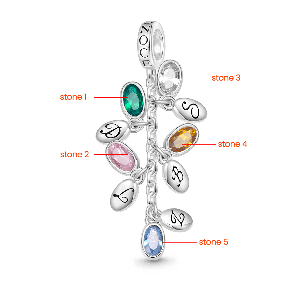 Gnoce Egg-shaped Birthstone Engravable Leaves Charm Platinum-plated Silver Blend_2