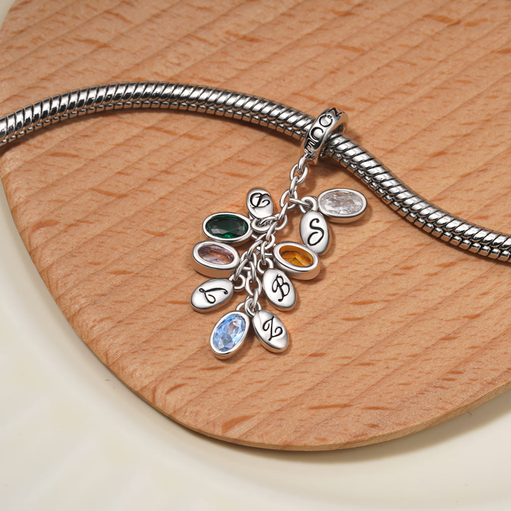 Gnoce Egg-shaped Birthstone Engravable Leaves Charm Platinum-plated Silver Blend_5