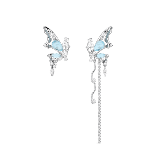 Gnoce Blue Crystal Butterfly Tassel Asymmetric Ear Clips_1