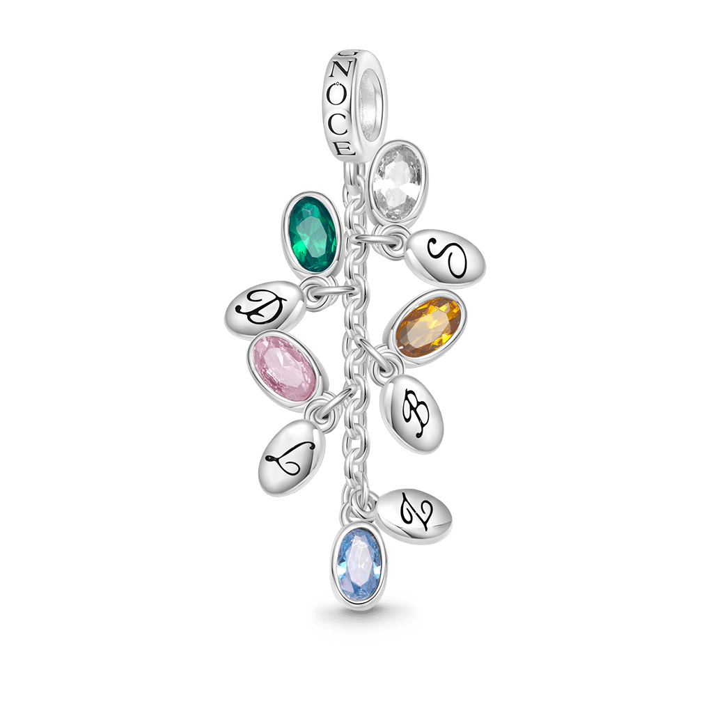 Gnoce Egg-shaped Birthstone Engravable Leaves Charm Platinum-plated Silver Blend_1