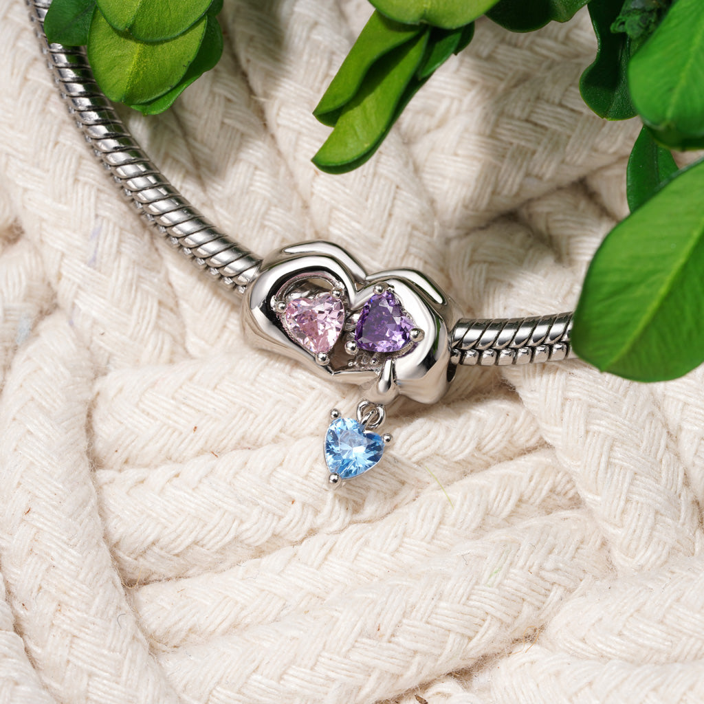 Gnoce Family of Three Holding Hands Birthstone Heart Charm_4