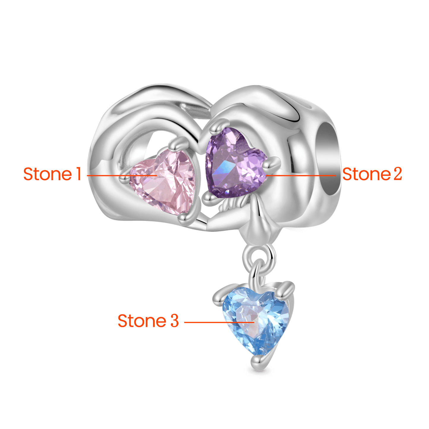 Gnoce Family of Three Holding Hands Birthstone Heart Charm_2