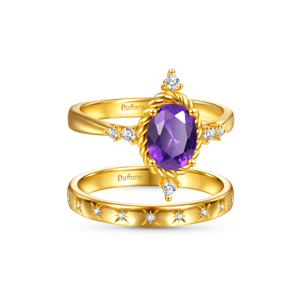 Oval Cut Amethyst Vintage Stacking Engagement Band Ring Set_2