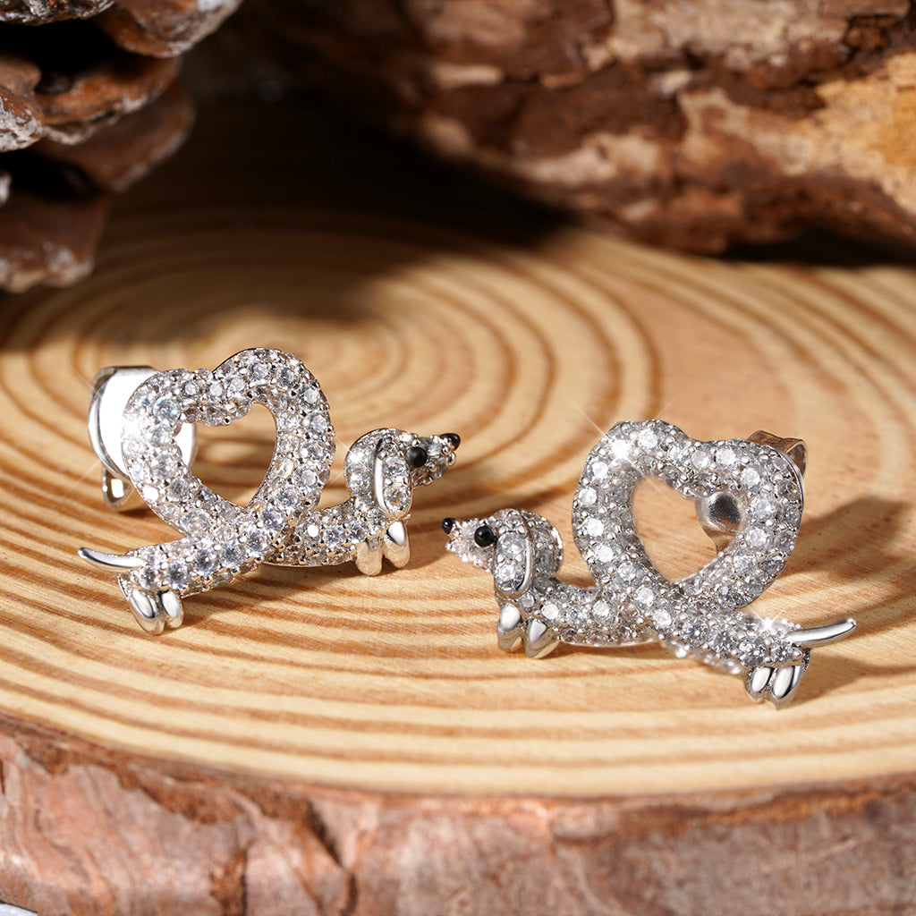 Gnoce Dachshund Heart Diamond Earrings Platinum-plated Silver Blend_3