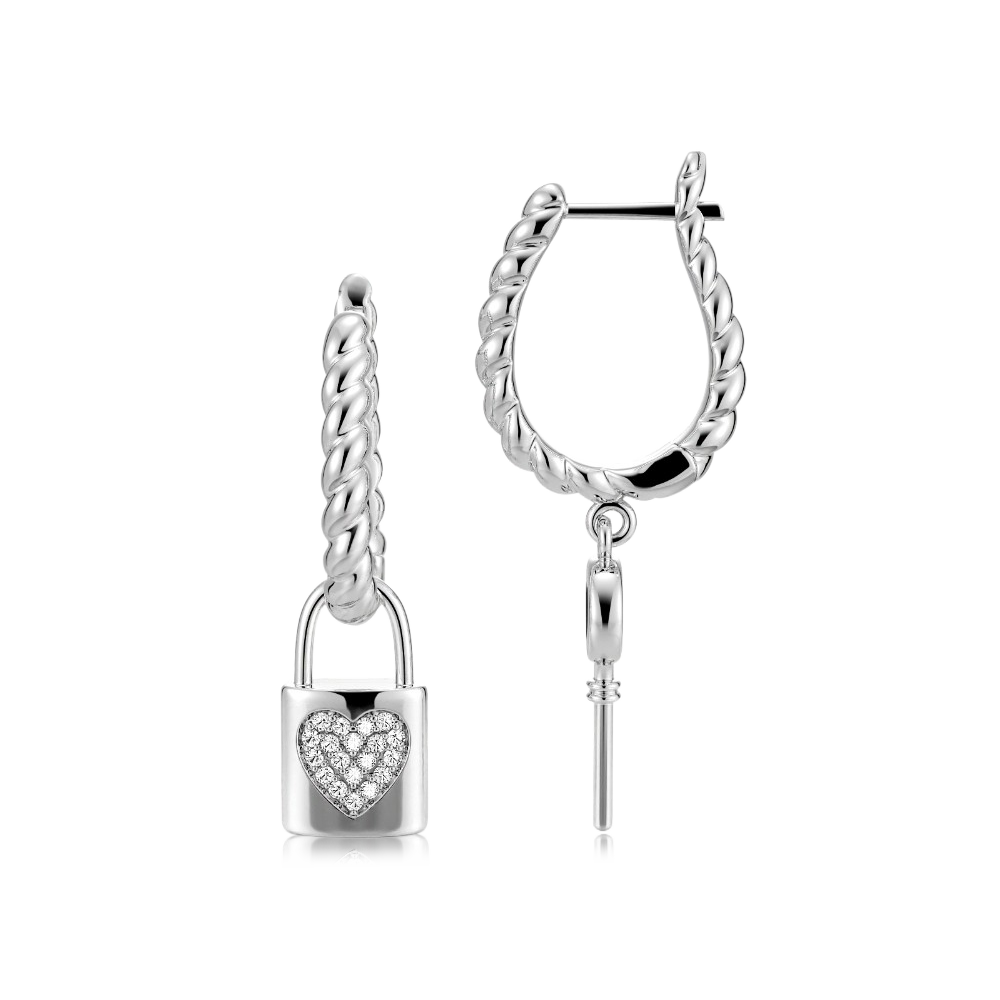 Gnoce Asymmetrical Lock Key Twisted Rope Earrings Platinum-plated Silver Blend_1