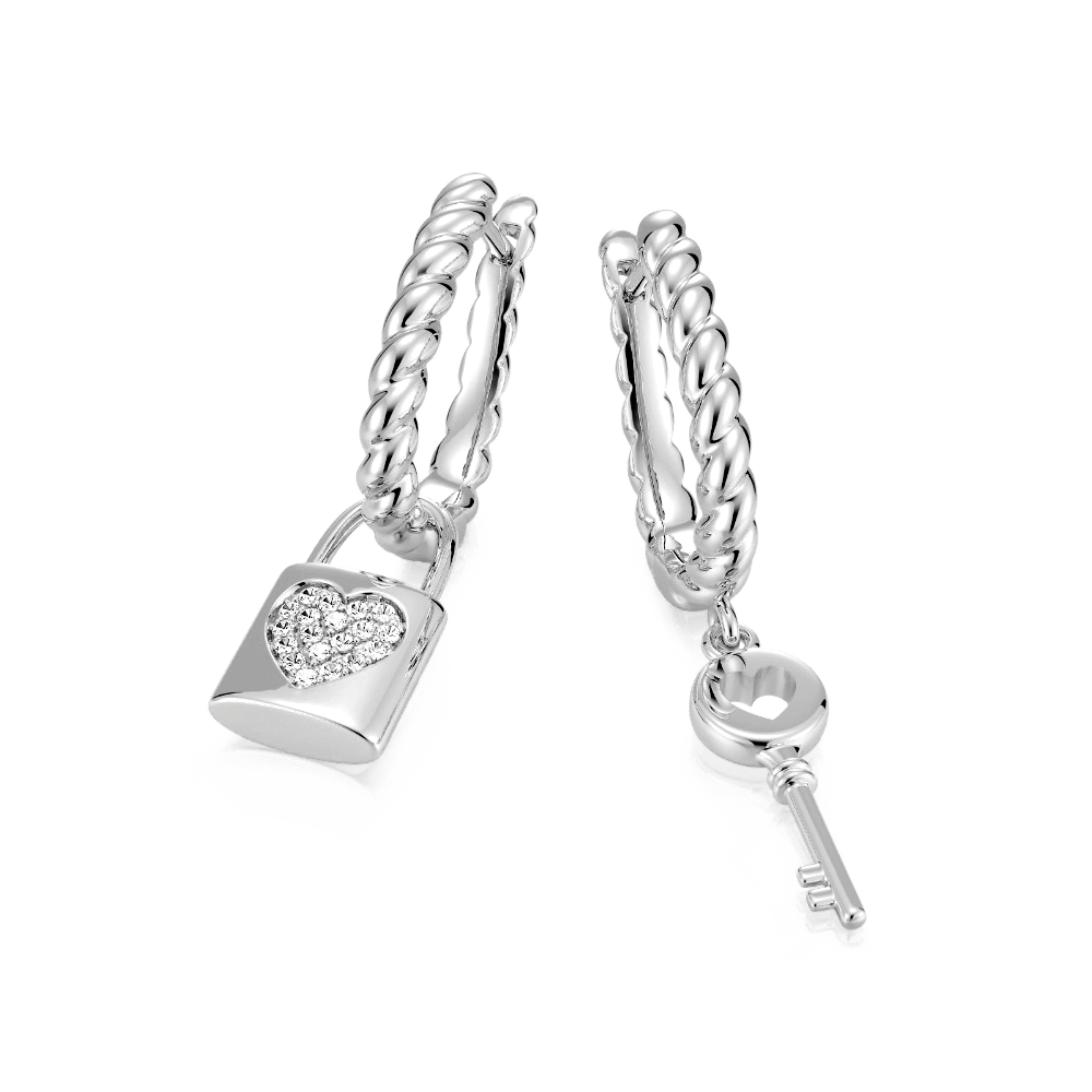 Gnoce Asymmetrical Lock Key Twisted Rope Earrings Platinum-plated Silver Blend_3