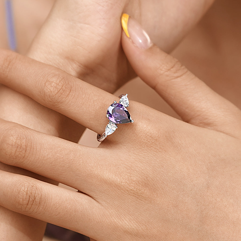 Gnoce Pear Amethyst Three-stone Twisted Rope Ring Platinum-plated Silver Blend_7