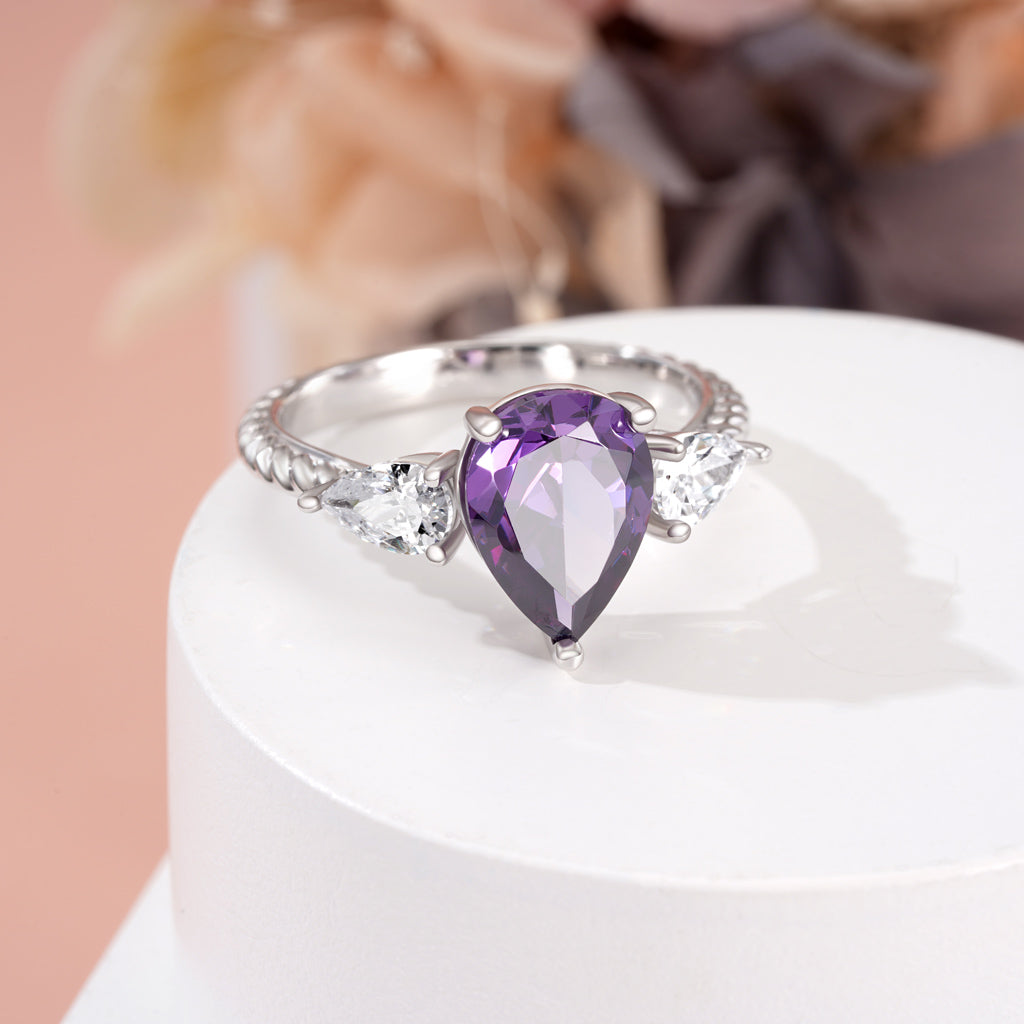 Gnoce Pear Amethyst Three-stone Twisted Rope Ring Platinum-plated Silver Blend_5