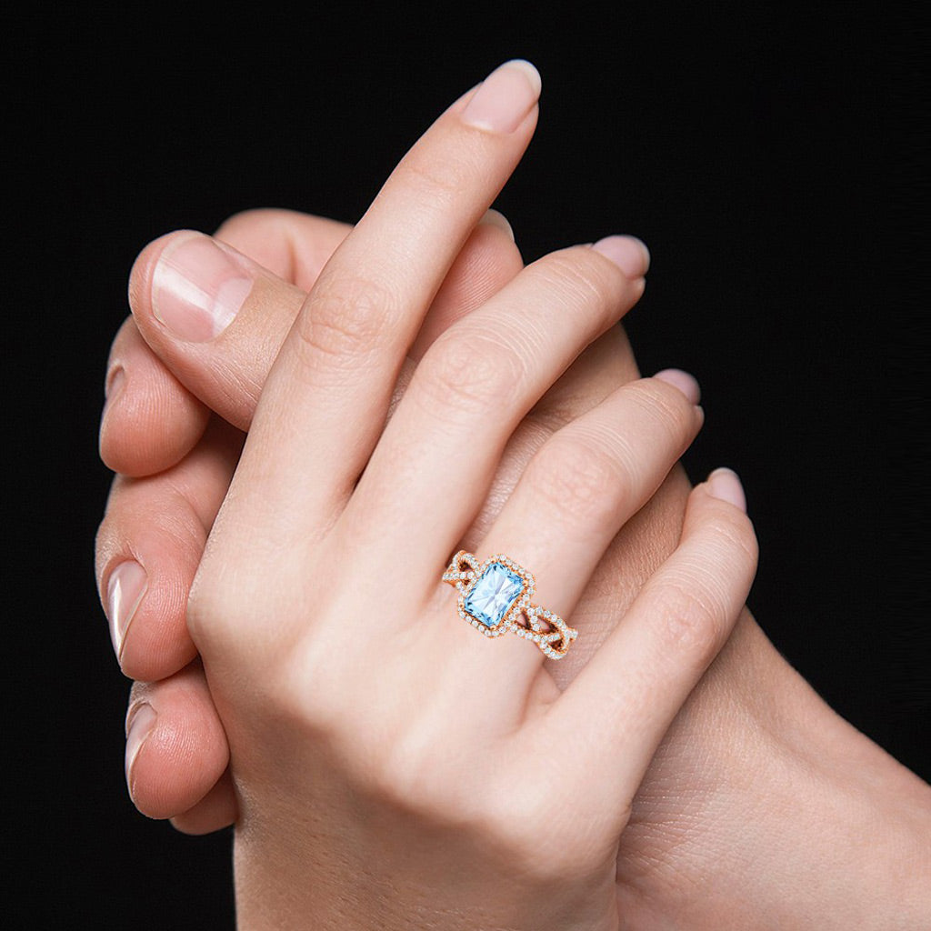Gnoce Aquamarine Radiant-cut Halo Crossover Band Engagement Ring_7