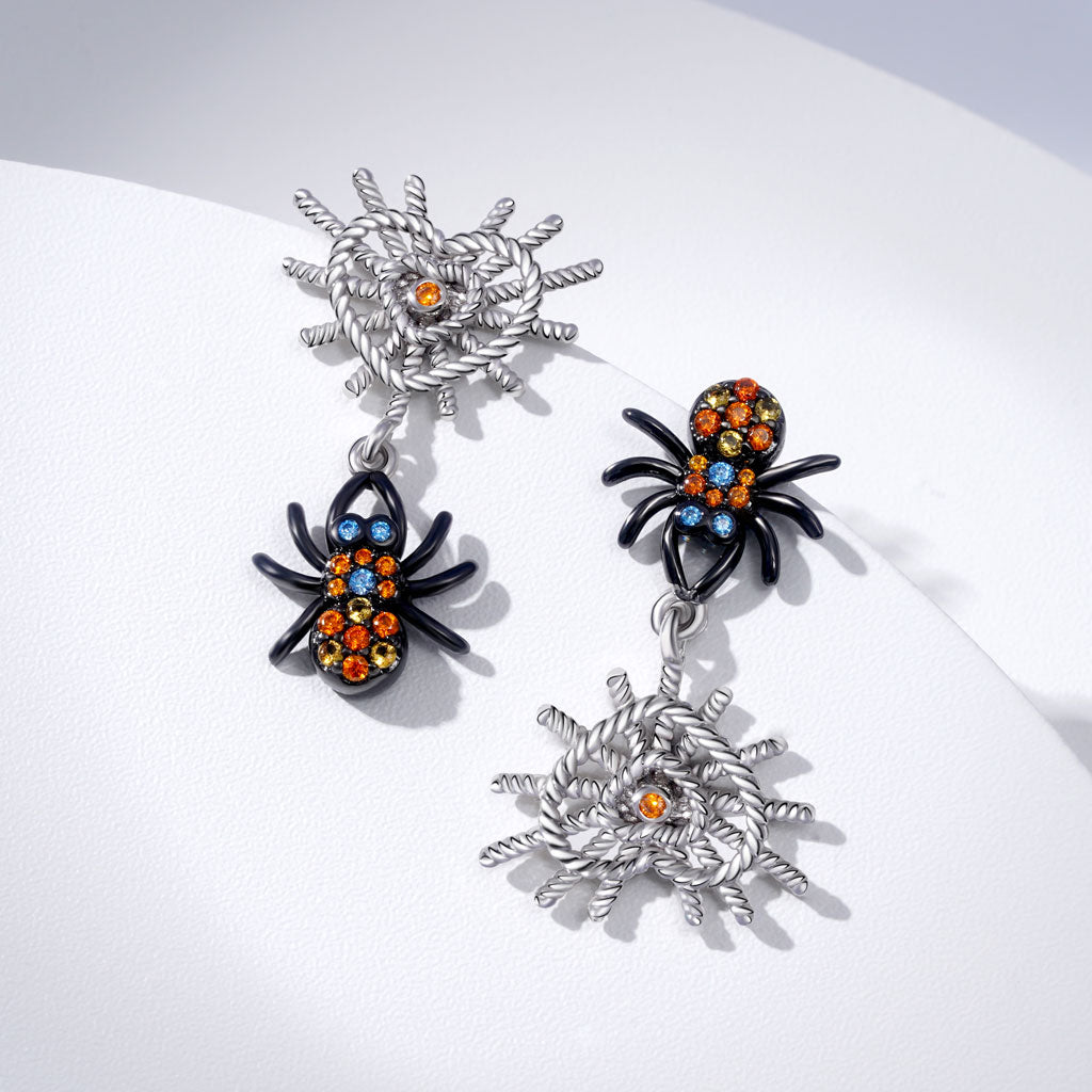 Gnoce Mismatched Spider Heart Net Earrings Platinum-plated Silver Blend_2
