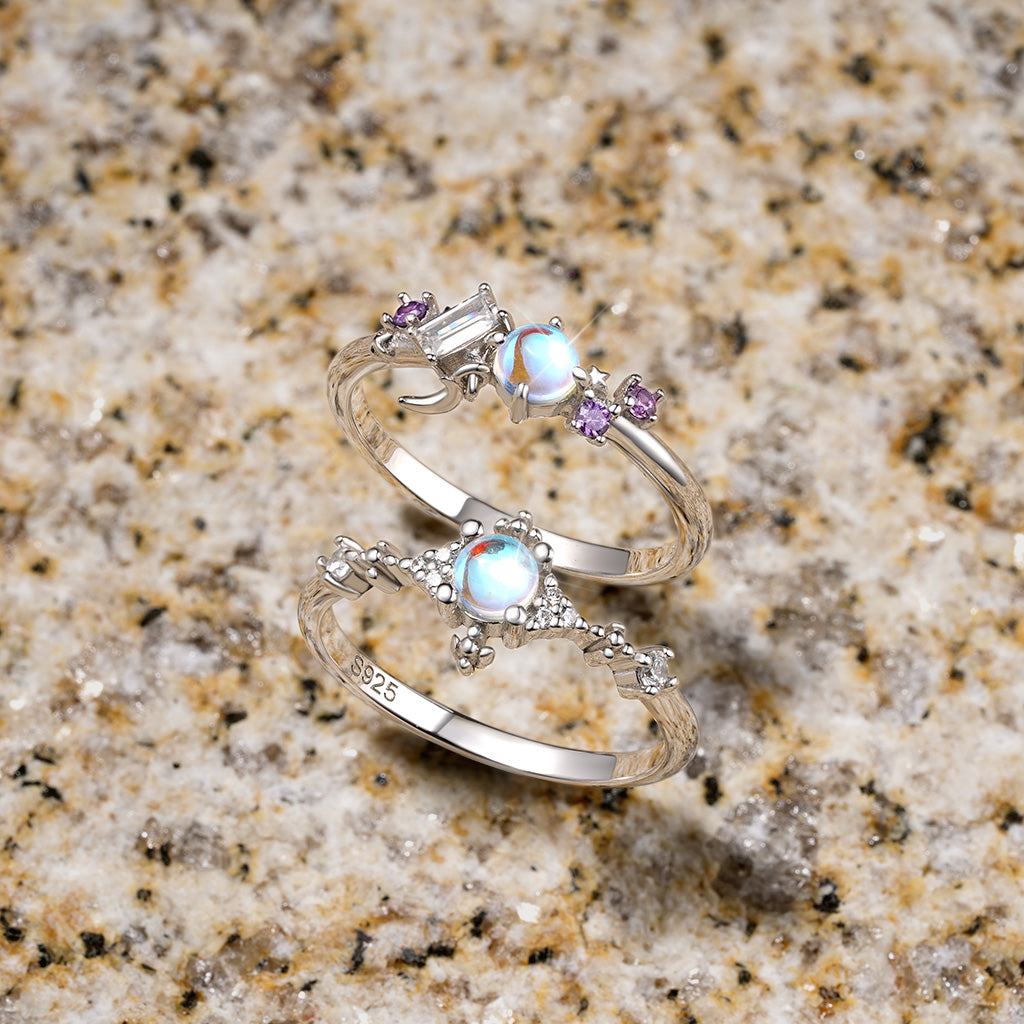 Gnoce Shining Moonstone Star Moon Ring Platinum-plated Silver Blend_3