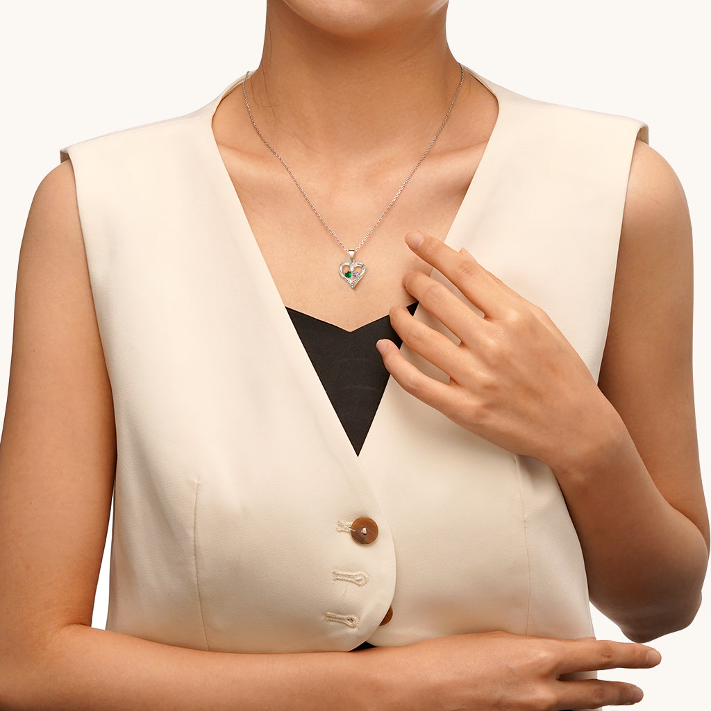 Gnoce Double Heart Engravable Birthstone Diamonds Necklace_6