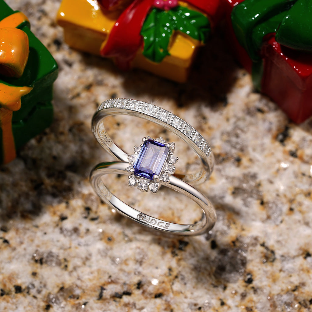 Gnoce Sparkling Tanzanite Blue Square Rings Platinum-plated Silver Blend_3