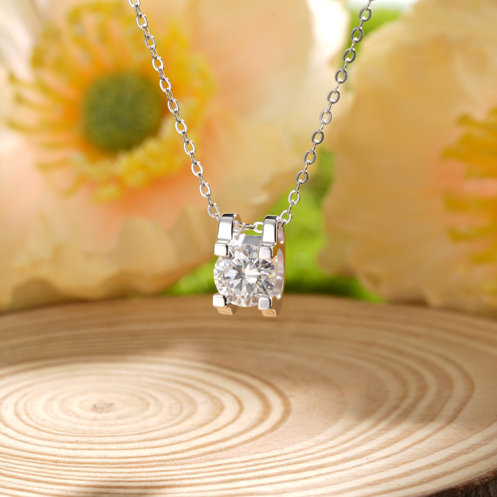 Gnoce Round Moissanite Solitaire Necklace Platinum-plated Silver Blend_4