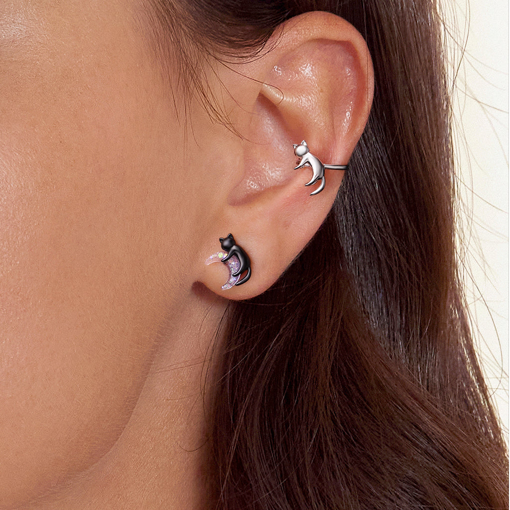 Gnoce Black Cat Embracing Moon Cat Asymmetrical Ear Clips Platinum-plated Silver Blend_6