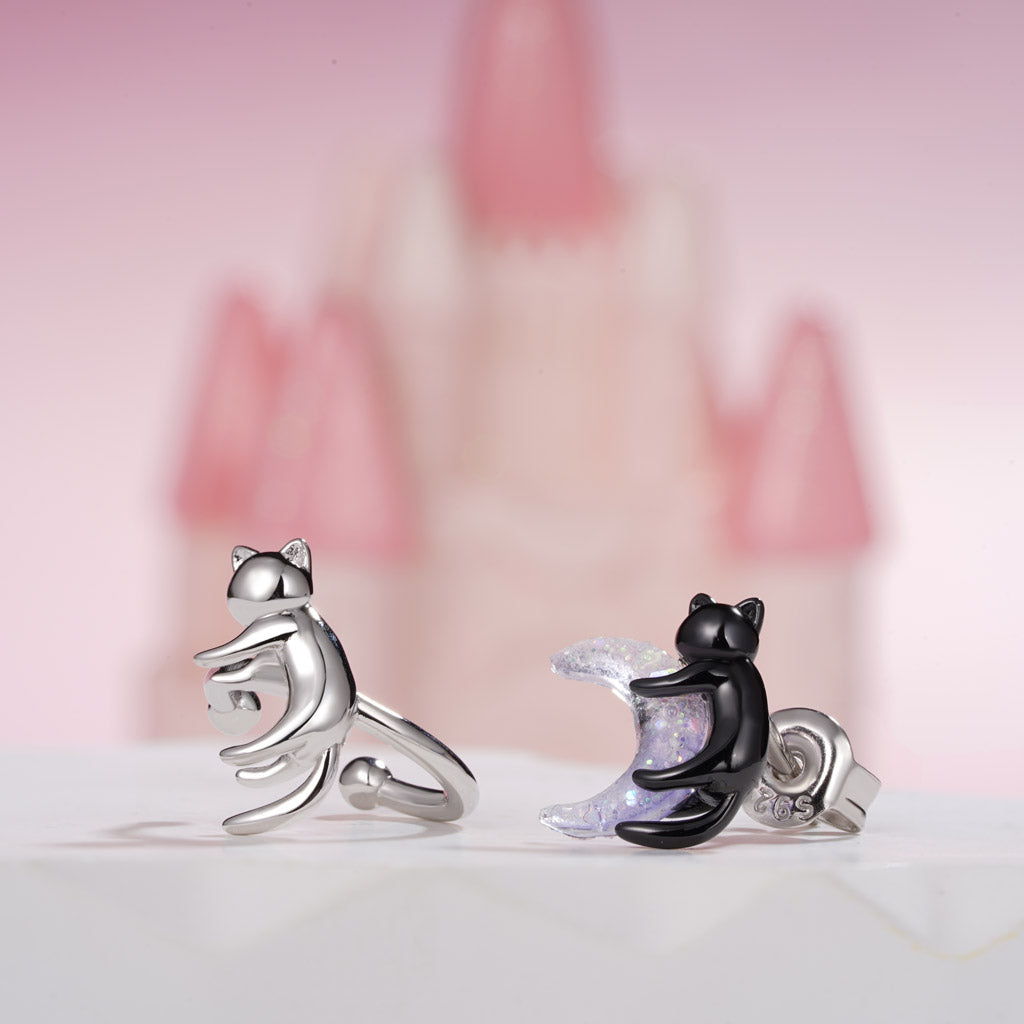 Gnoce Black Cat Embracing Moon Cat Asymmetrical Ear Clips Platinum-plated Silver Blend_4