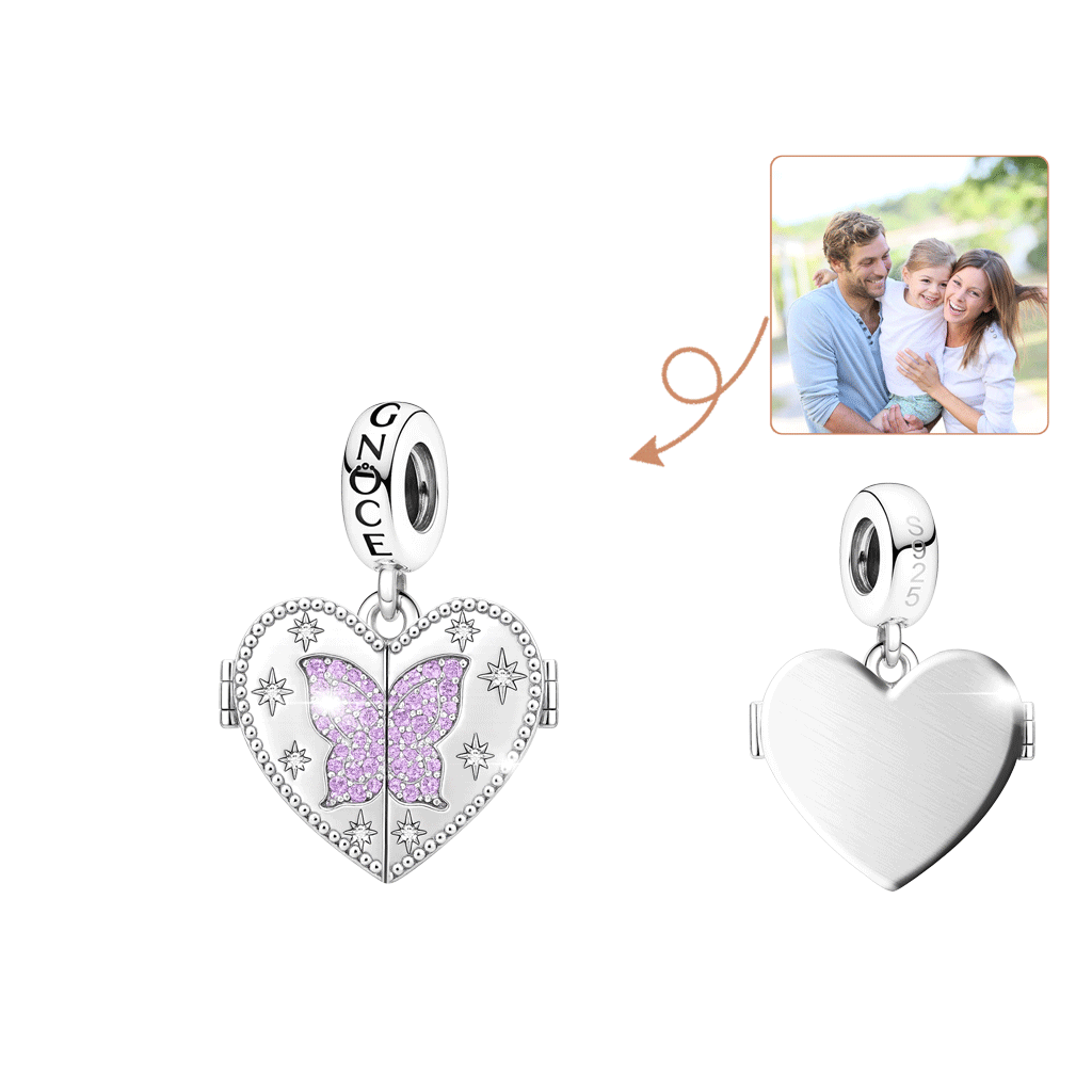 Gnoce Custom Heart-shaped Butterfly Photo and Birthstone Pendant Dangle Charm_1