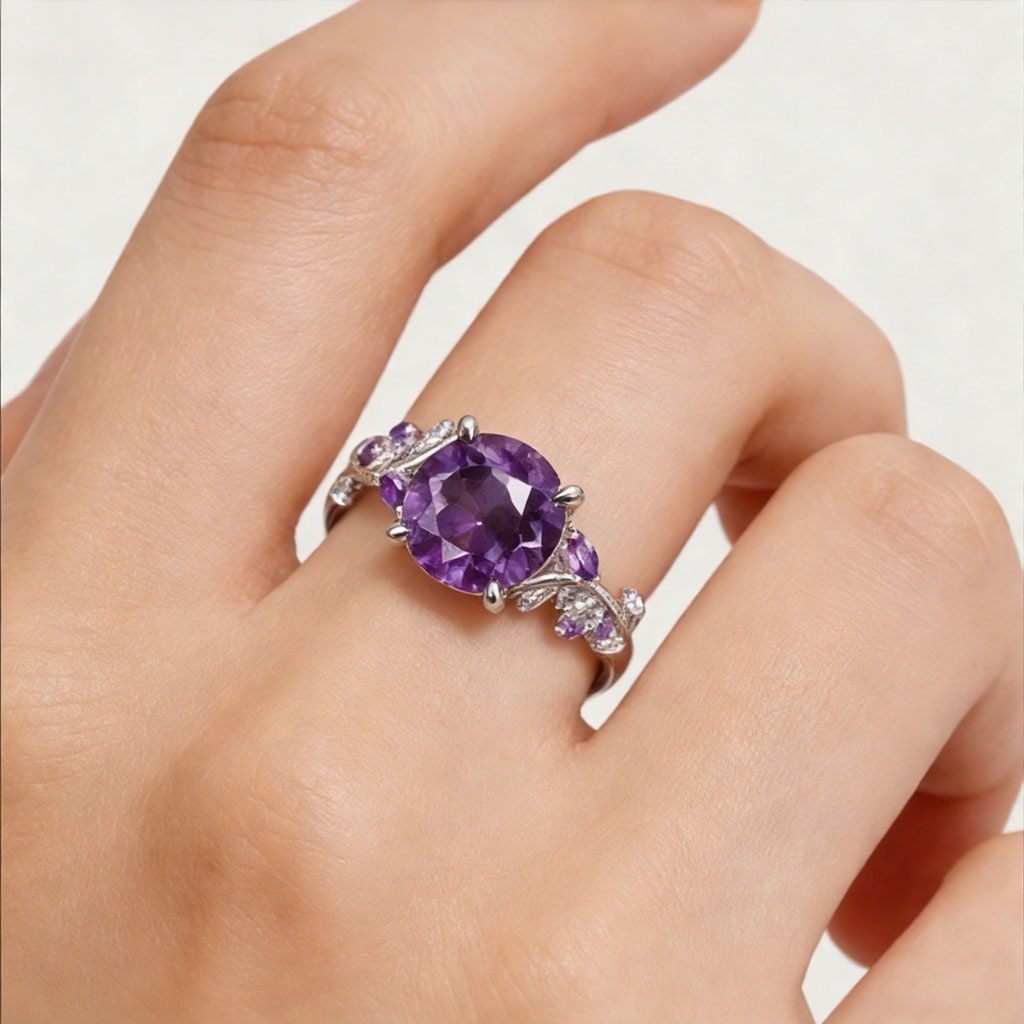 Gnoce Nature Themed Round-cut Amethyst Promise Ring_2