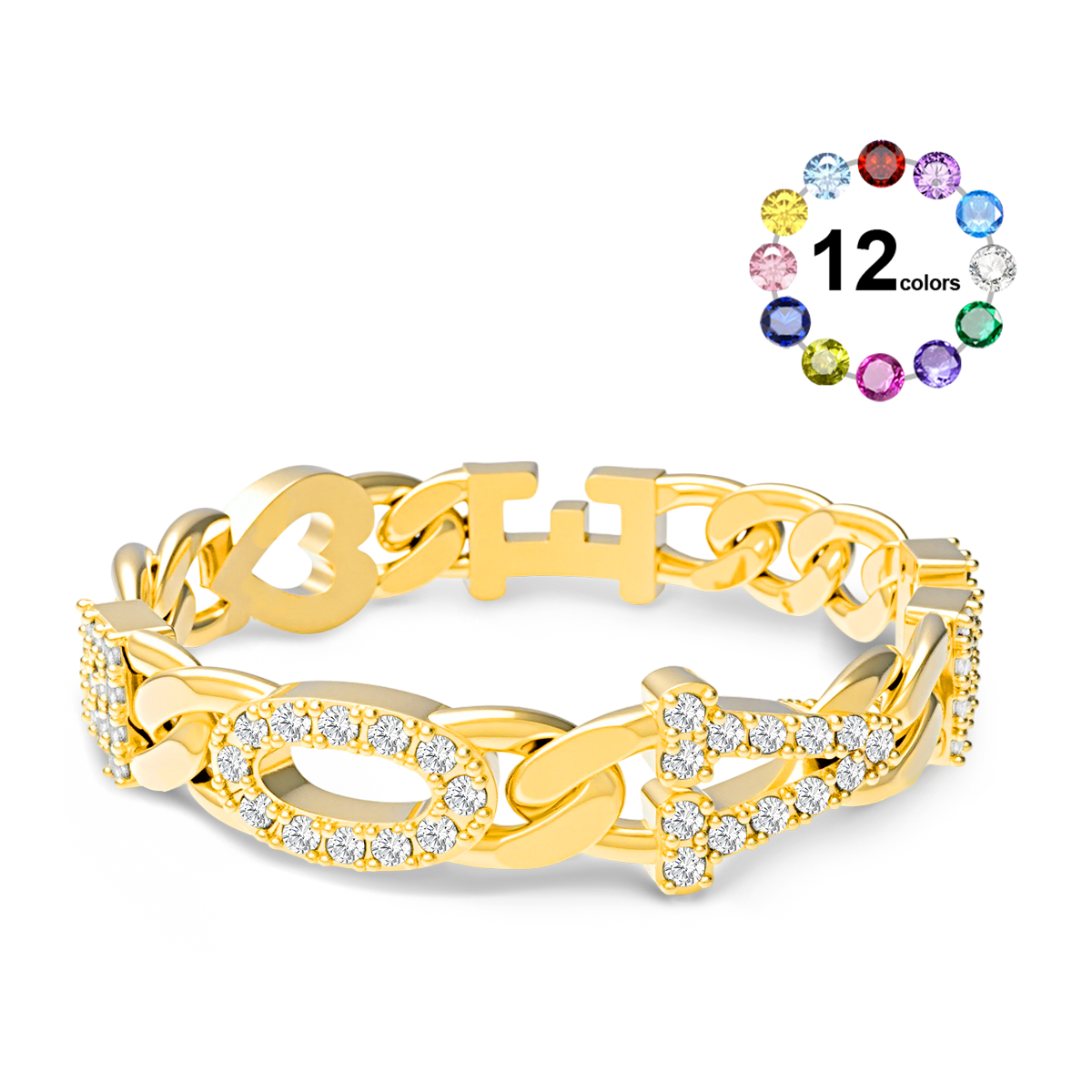 Gnoce Diamond Letter Curb Chain Ring with Custom Birthstone Friendship Jewelry_1